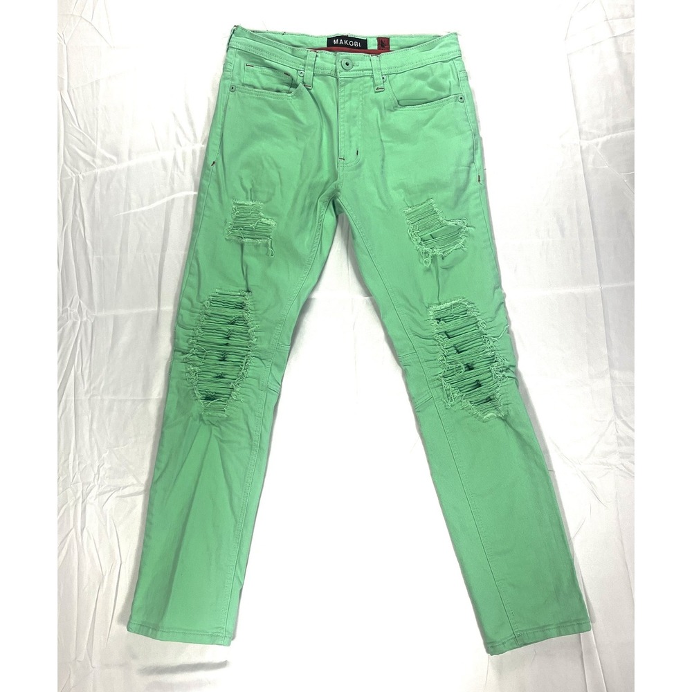 Makobi Mens 32x32 Mint Green Distressed Denim Jeans Streetwear Stretch M1971